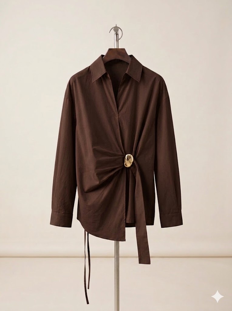Draped Ring-Accent Shirt - BROWN
