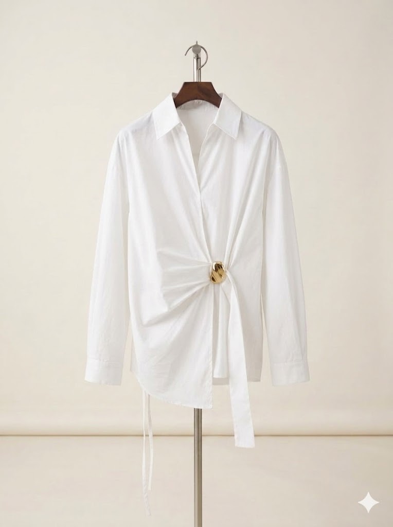 Draped Ring-Accent Shirt - WHITE