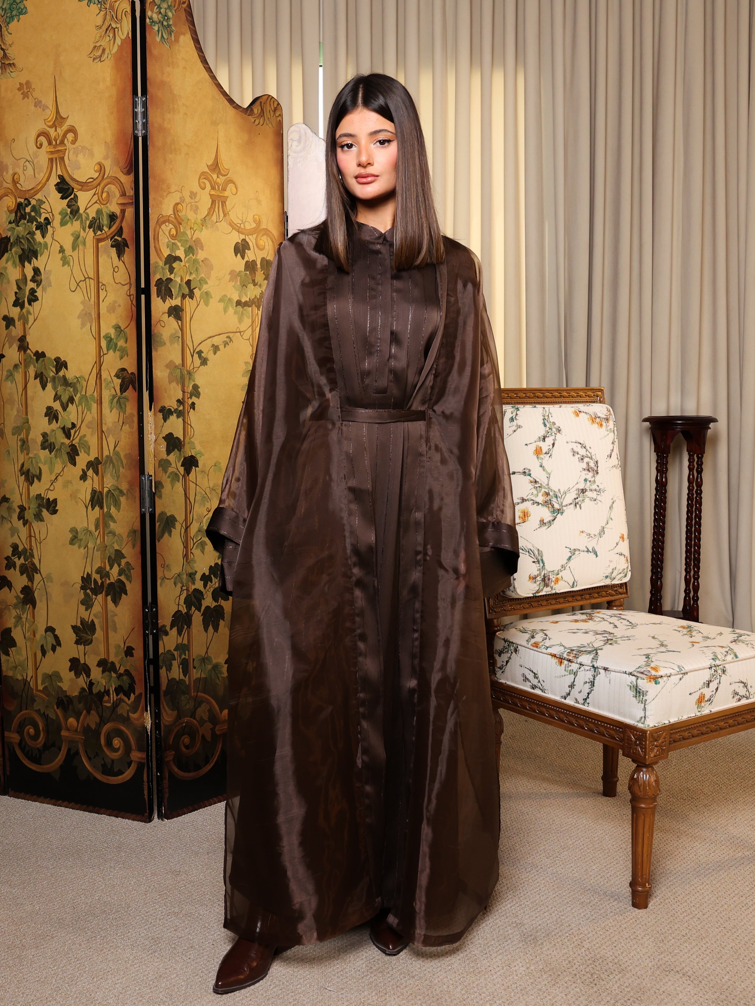 Signature Striped Organza Dara دراعة أورجانزا بني