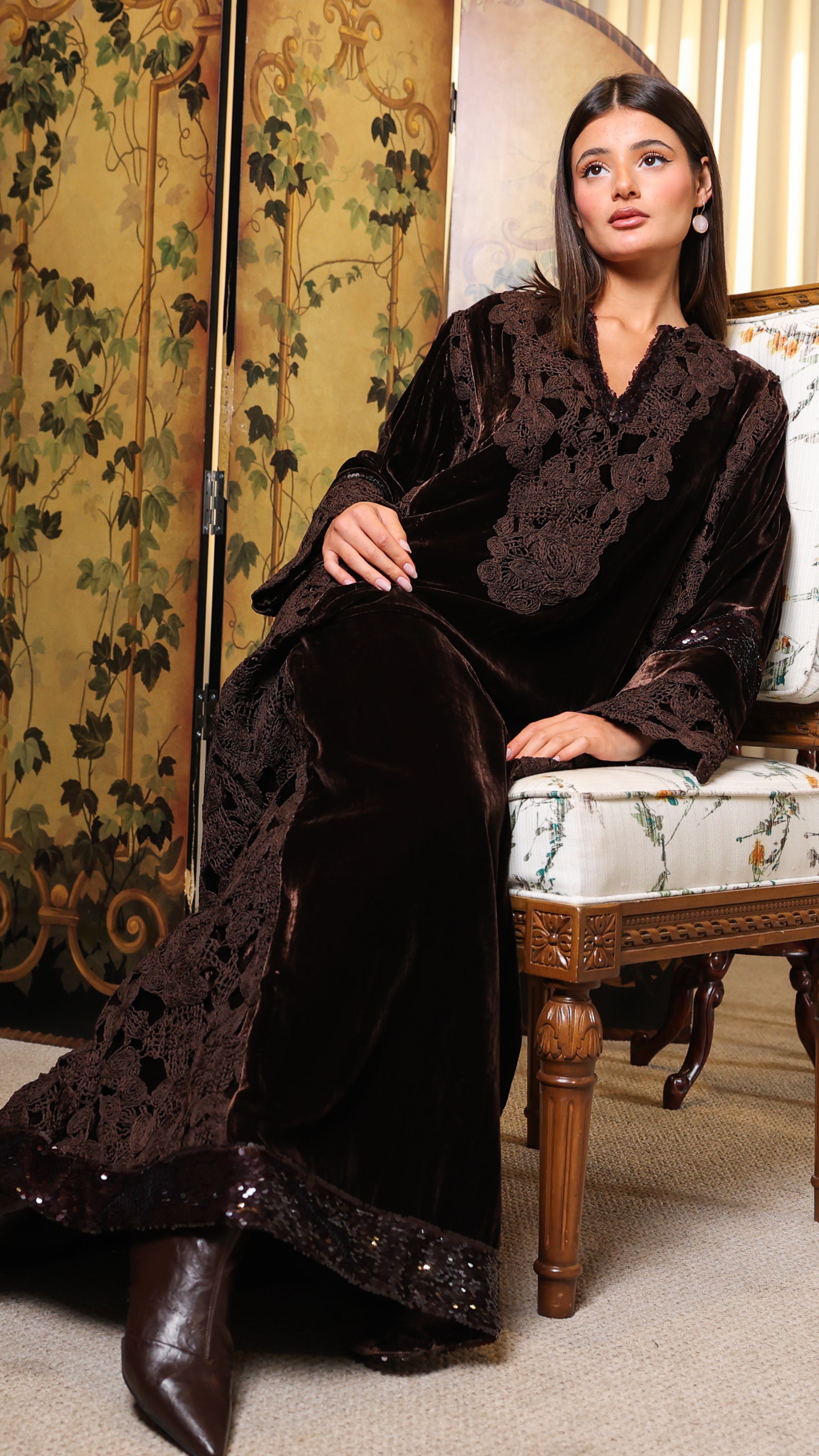 Brown Velvet w/ crochet دراعة بني مخمل مع كروشيه