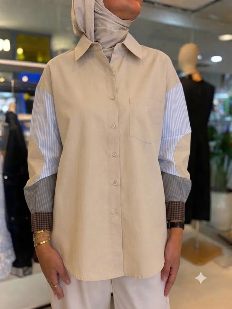 Mixed Sleeves Shirt - LIGHT BEIGE