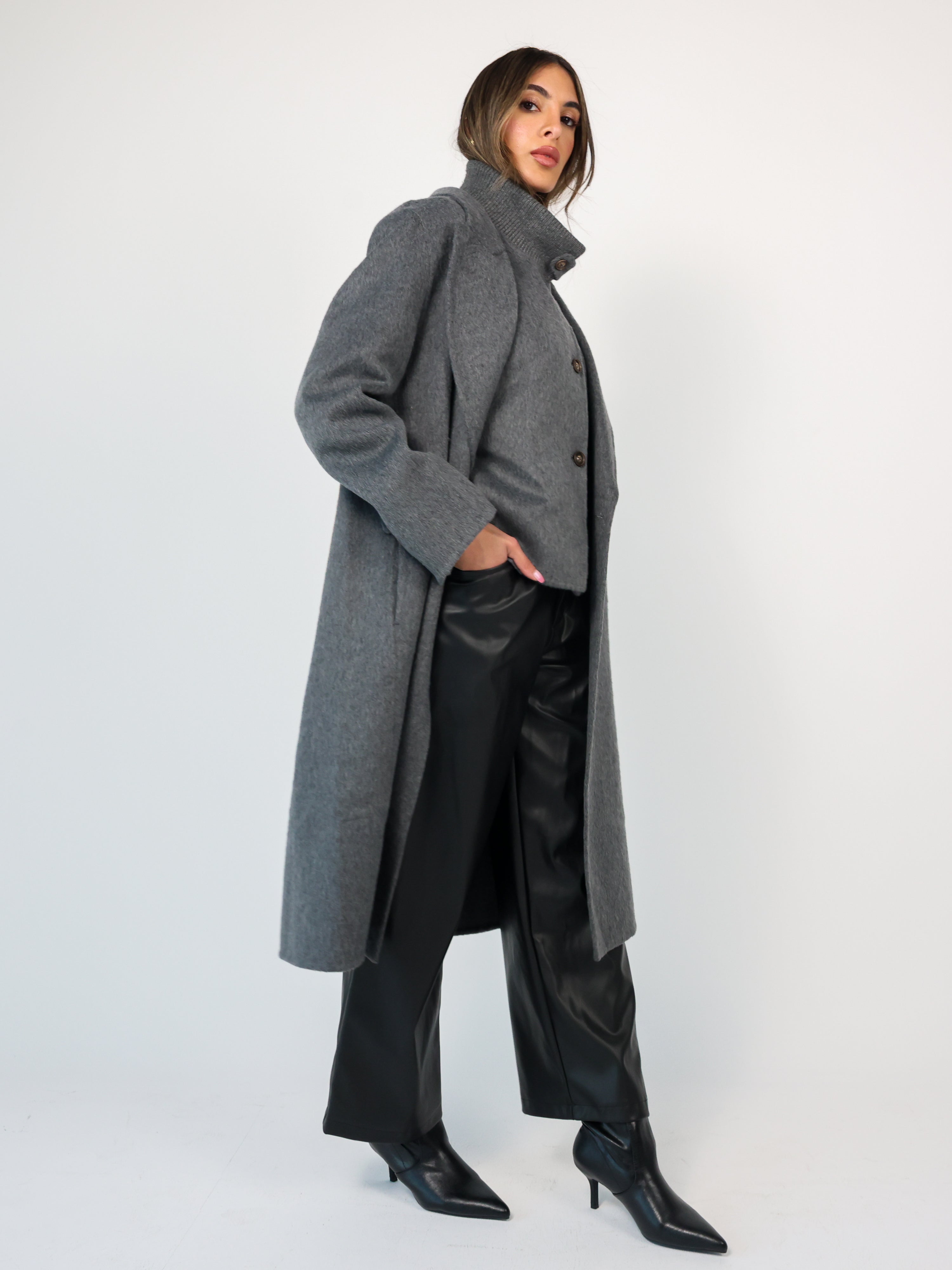 Highneck Wool-blend Coat معطف صوف رقبة طويل