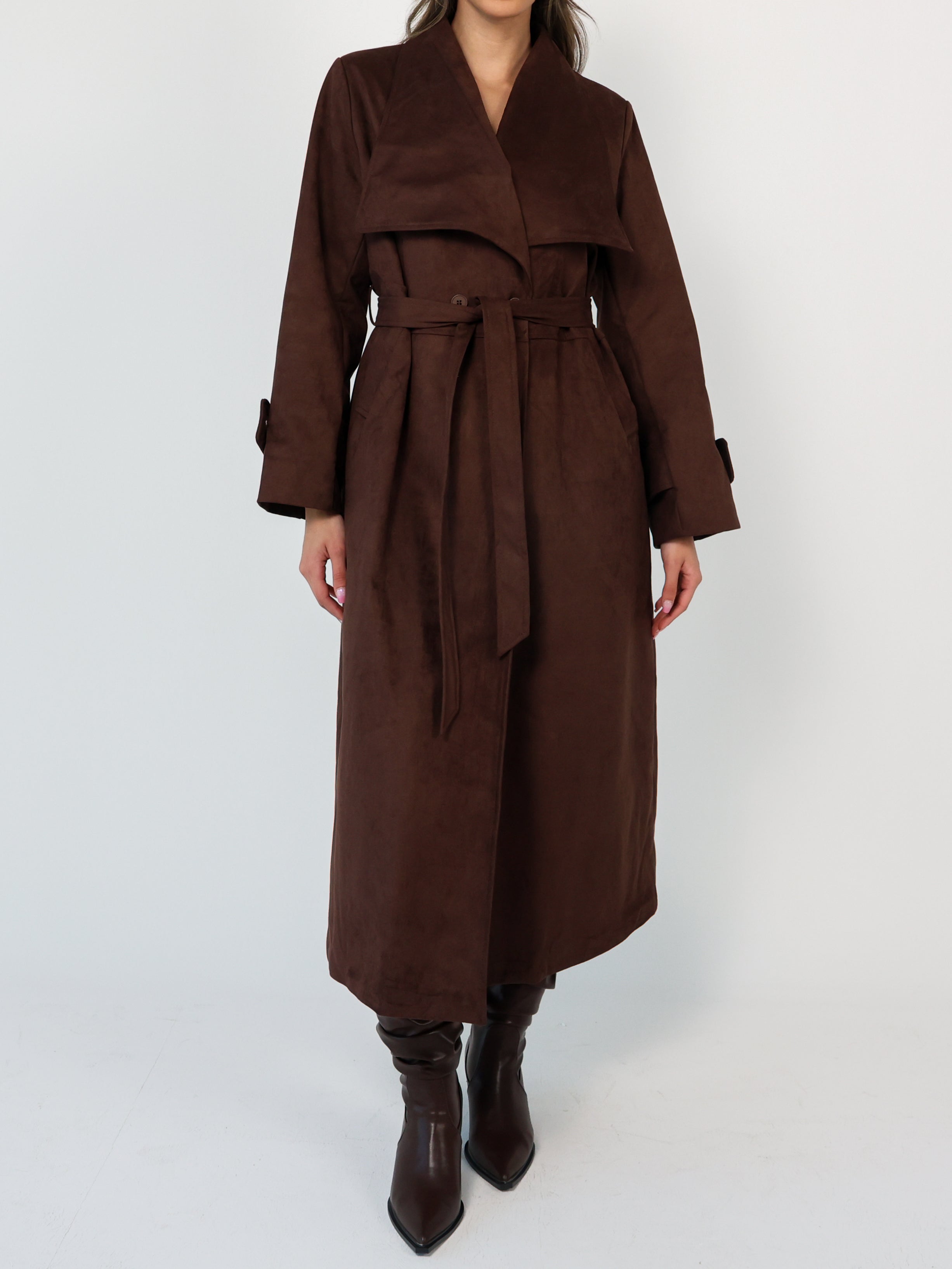 Faux Suede Wrap Trench Coat