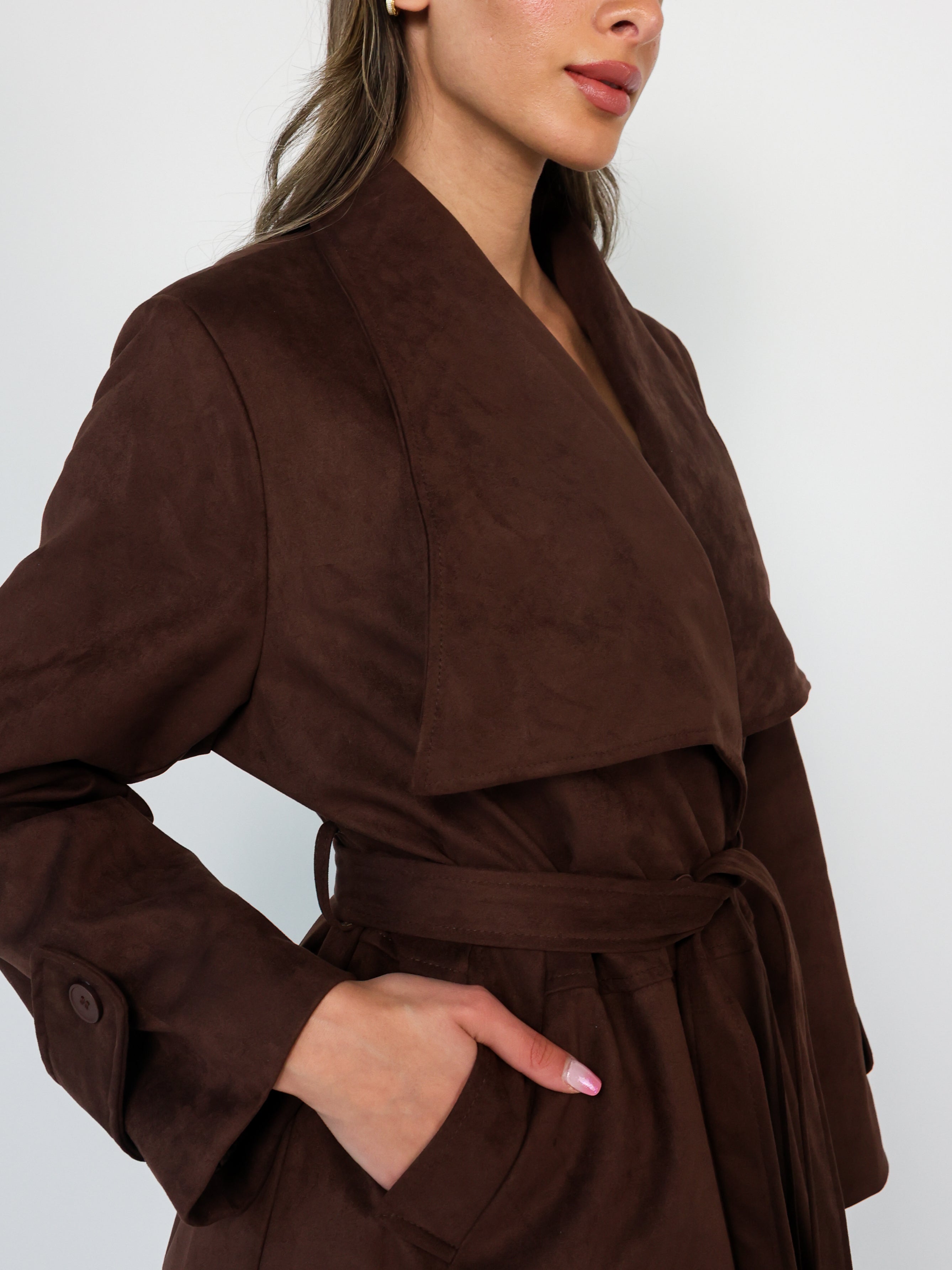 Faux Suede Wrap Trench Coat