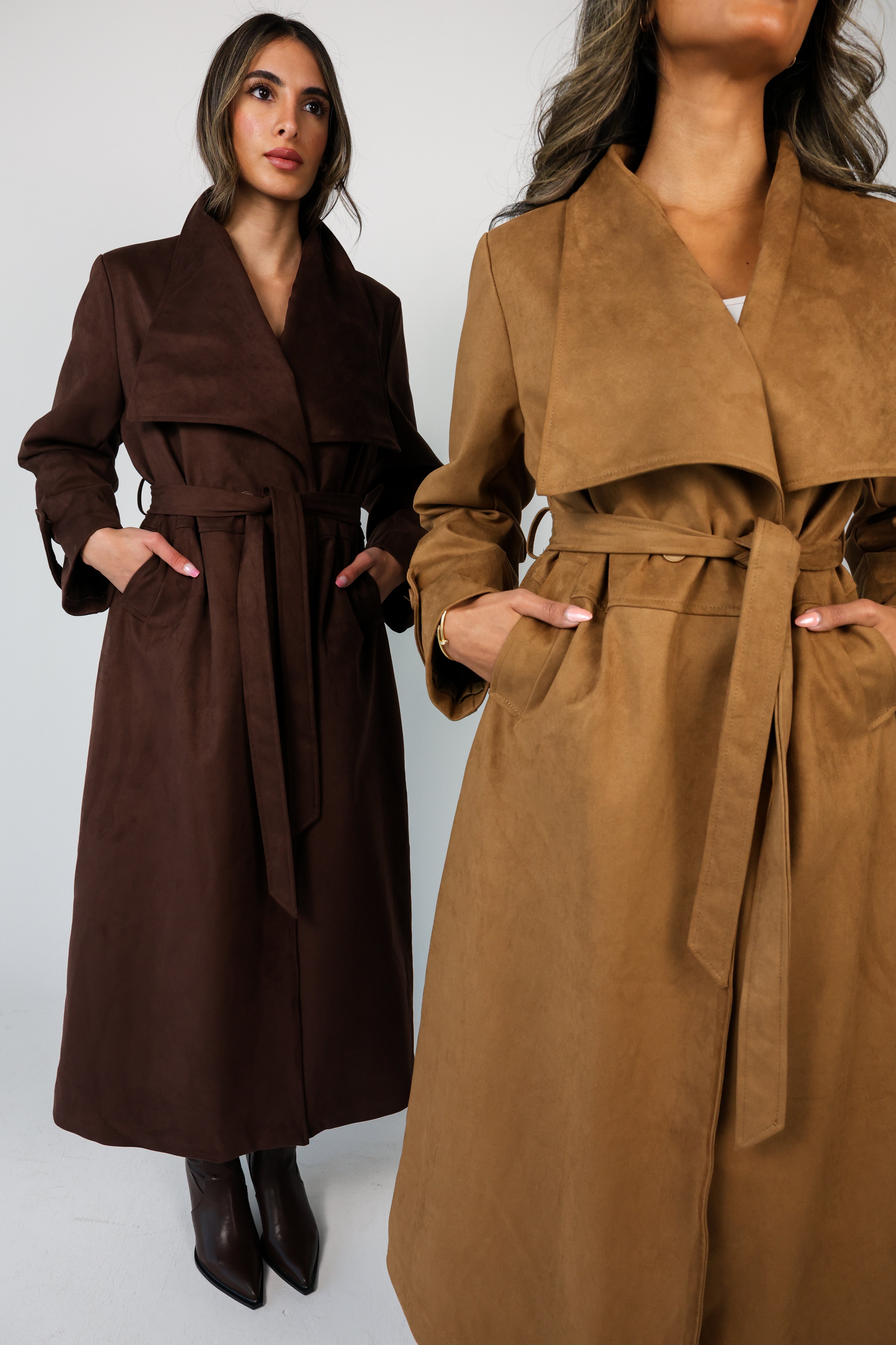 Faux Suede Wrap Trench Coat معطف شمواه بني