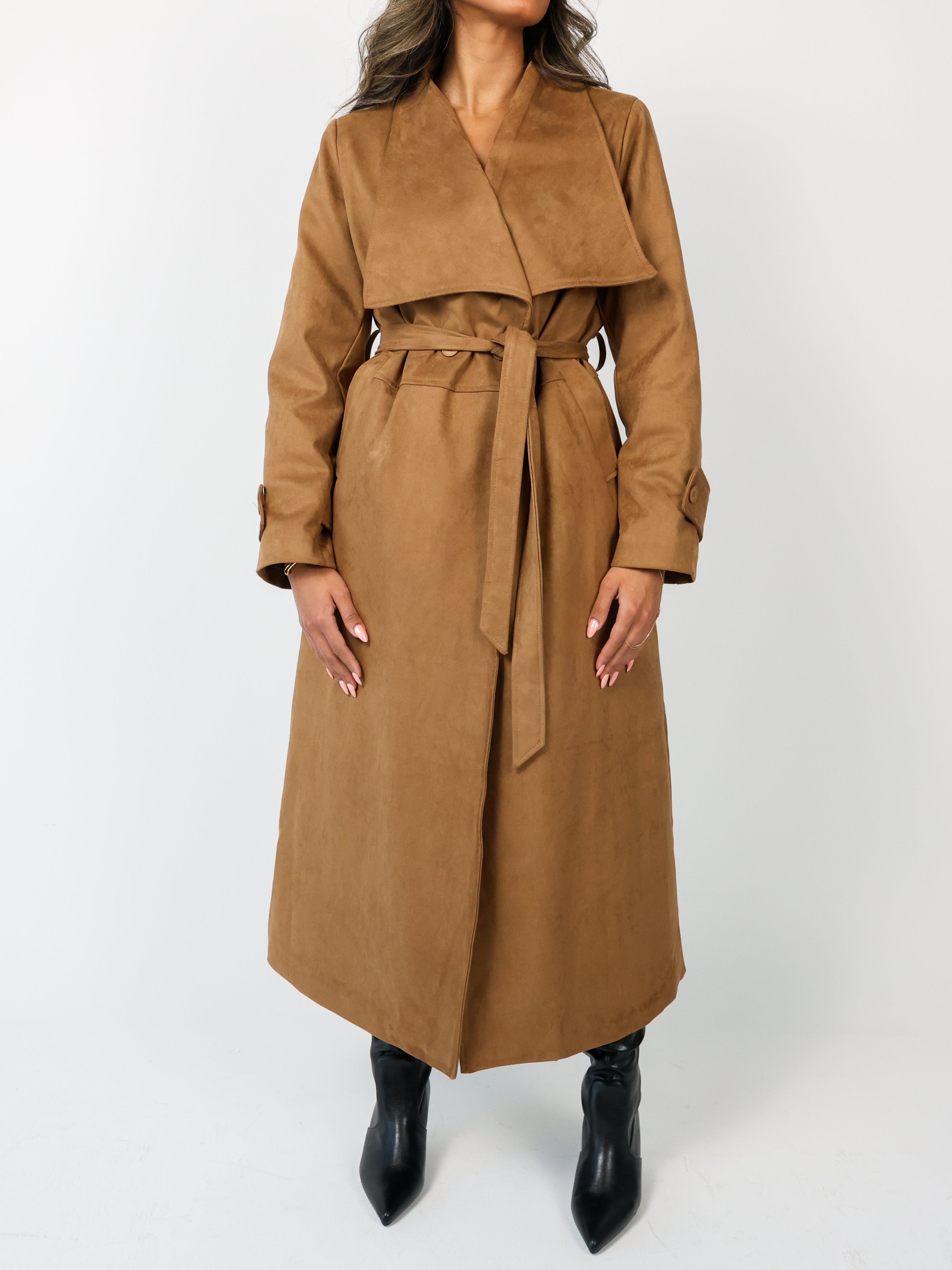 Faux Suede Wrap Trench Coat معطف شمواه بني