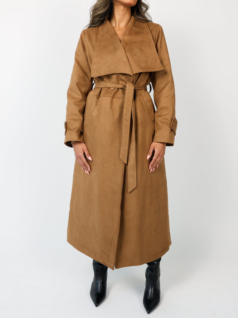 Faux Suede Wrap Trench Coat معطف شمواه بني