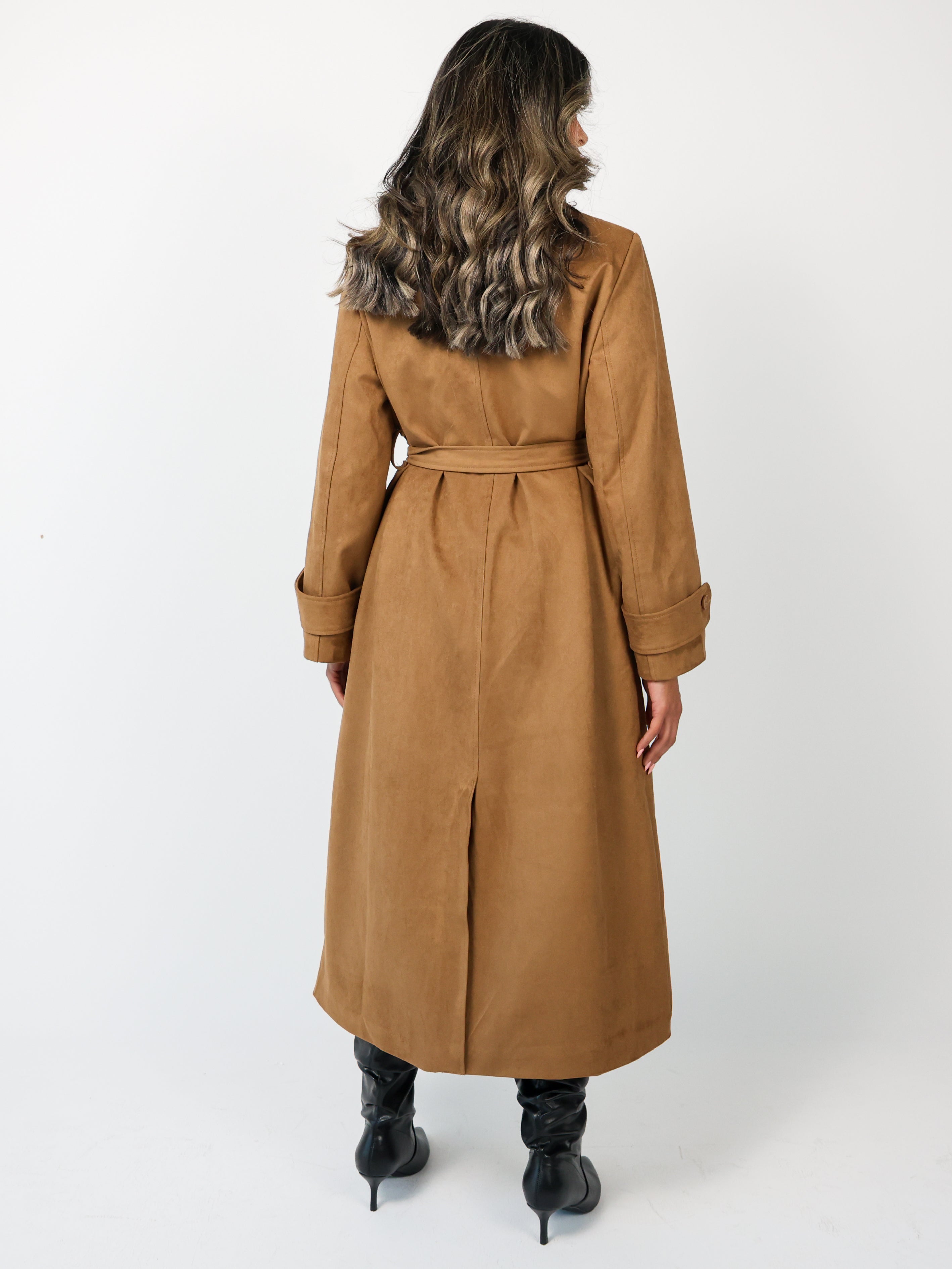 Faux Suede Wrap Trench Coat معطف شمواه بني