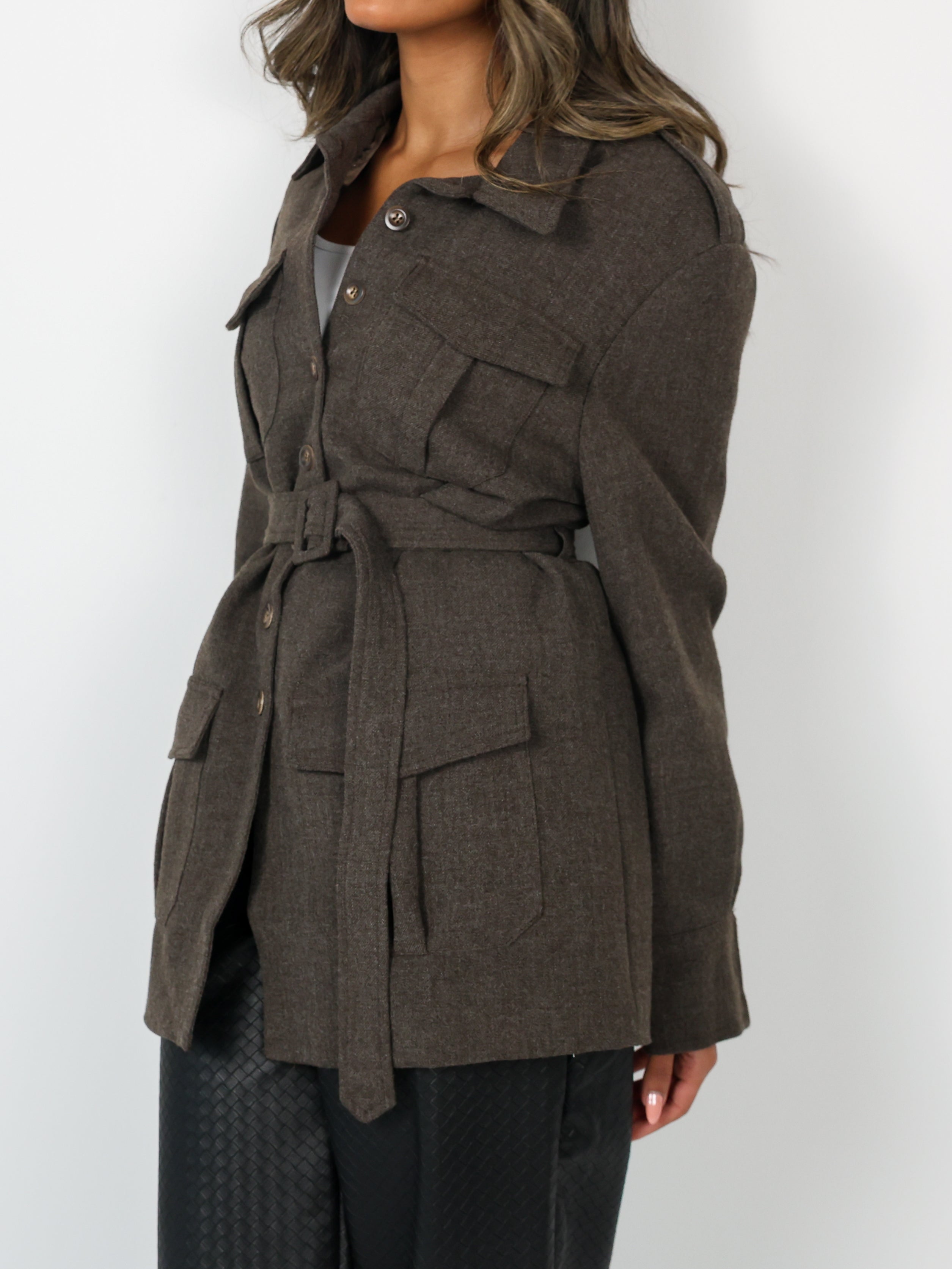 Belted Jacketجاكت رمادي صوف
