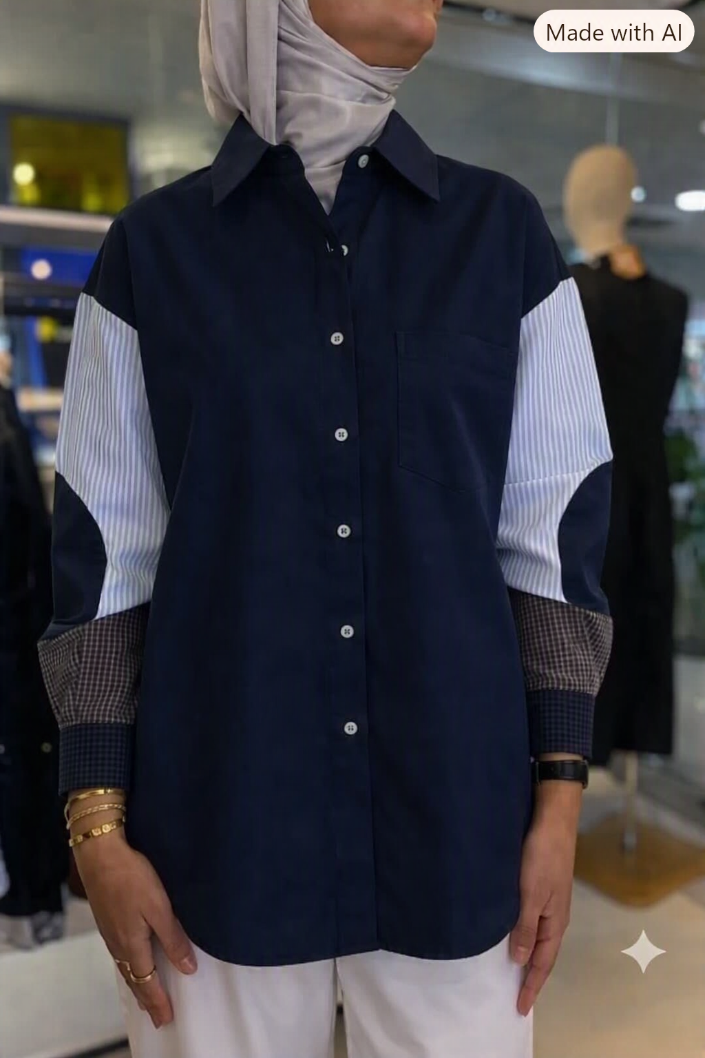 Mixed Sleeves Shirt - NAVY BLUE