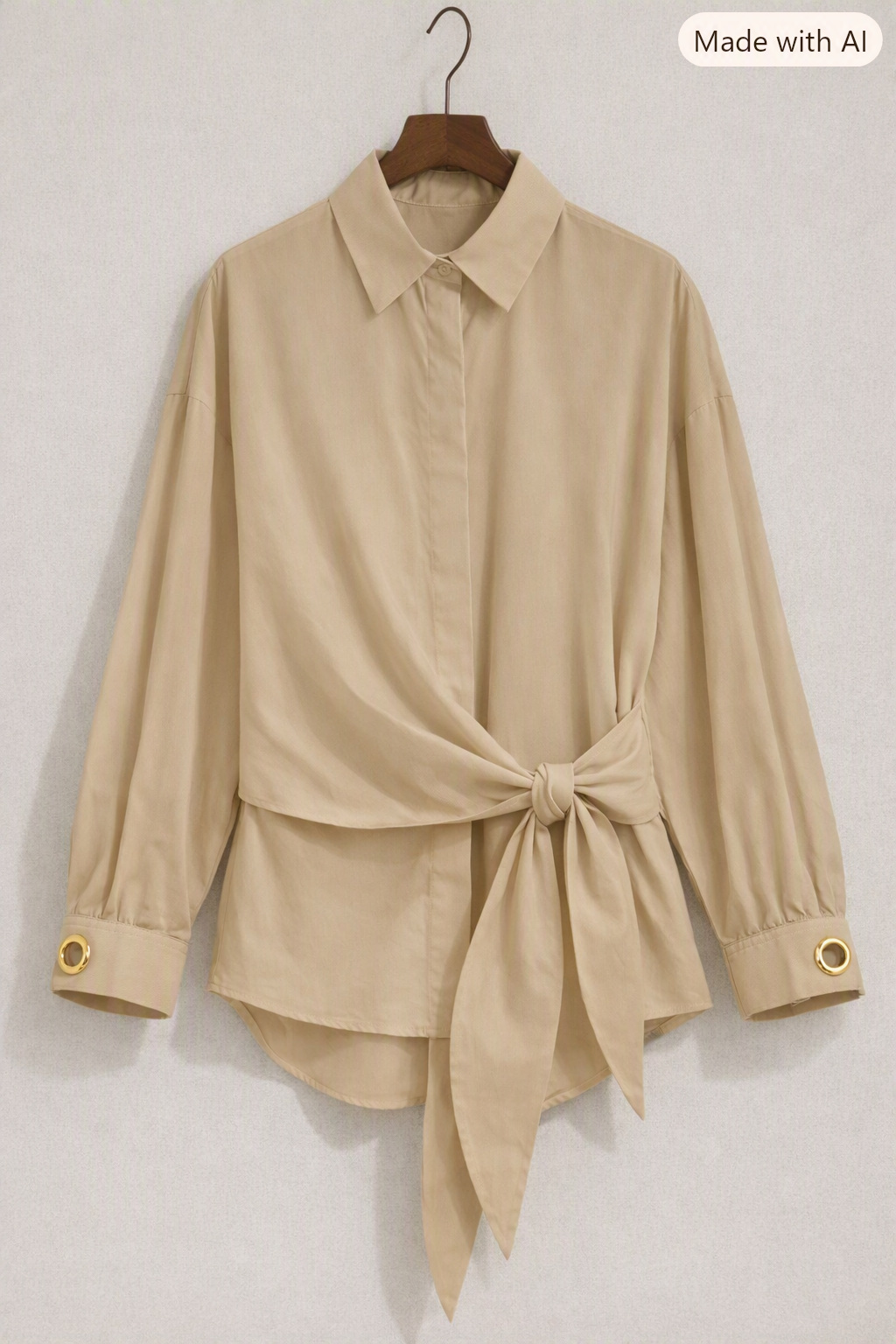 Button-up Waist-Tie Shirt  - Beige