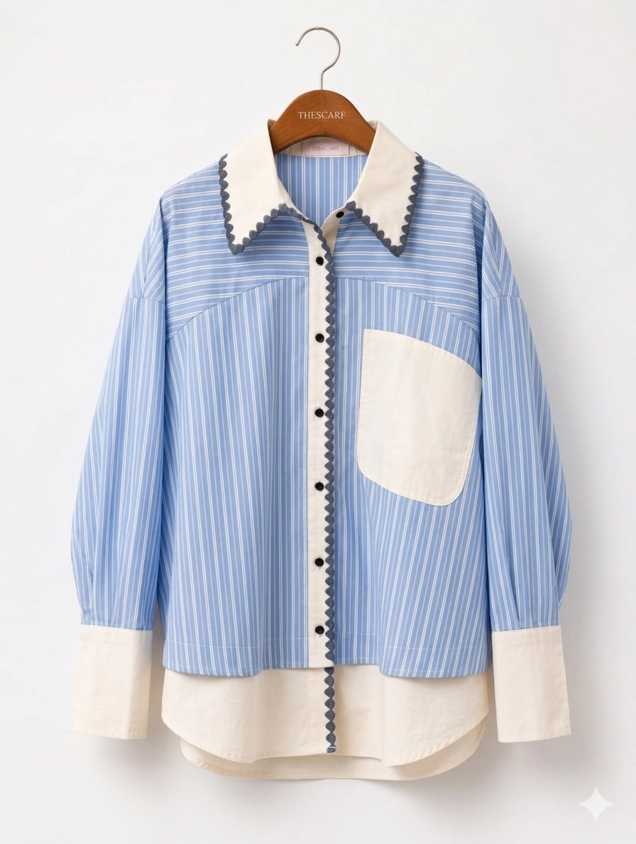 Striped Contrast Shirt - LIGHT BLUE
