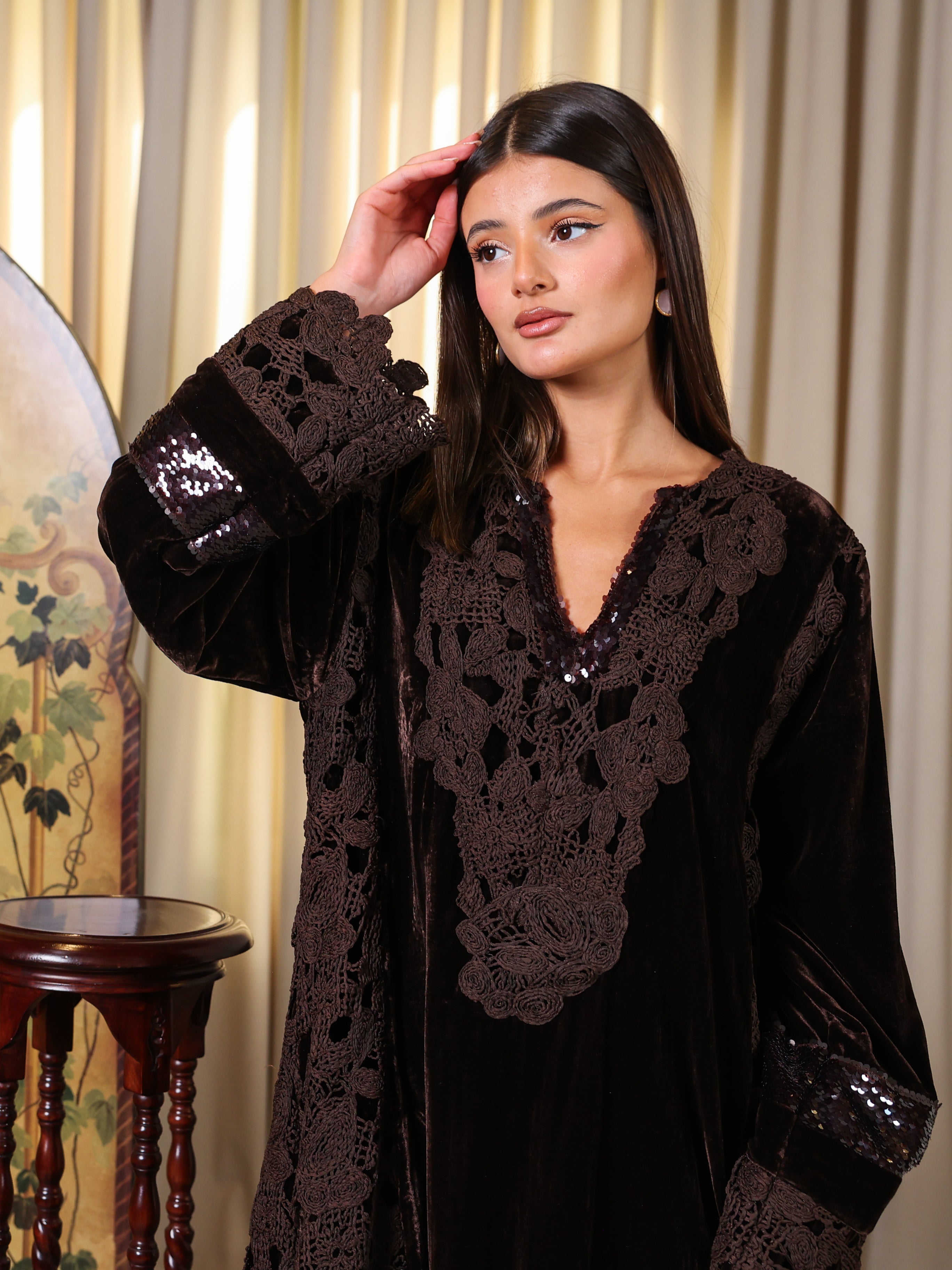 Brown Velvet w/ crochet