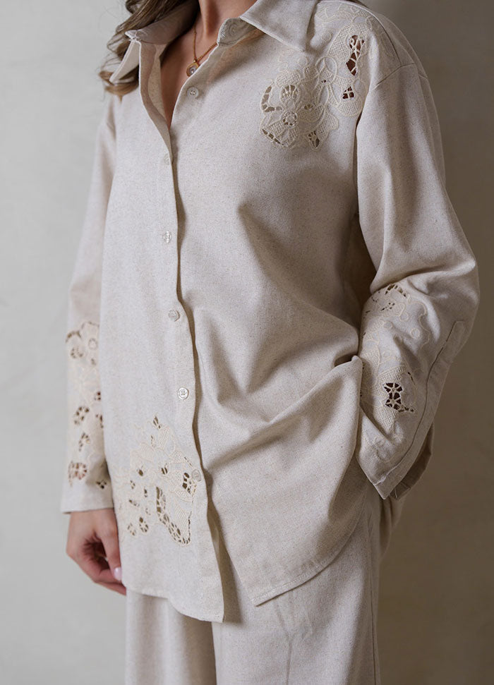 Linen Set Beige- Embellished Lace