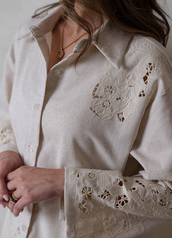 Linen Set Beige- Embellished Lace