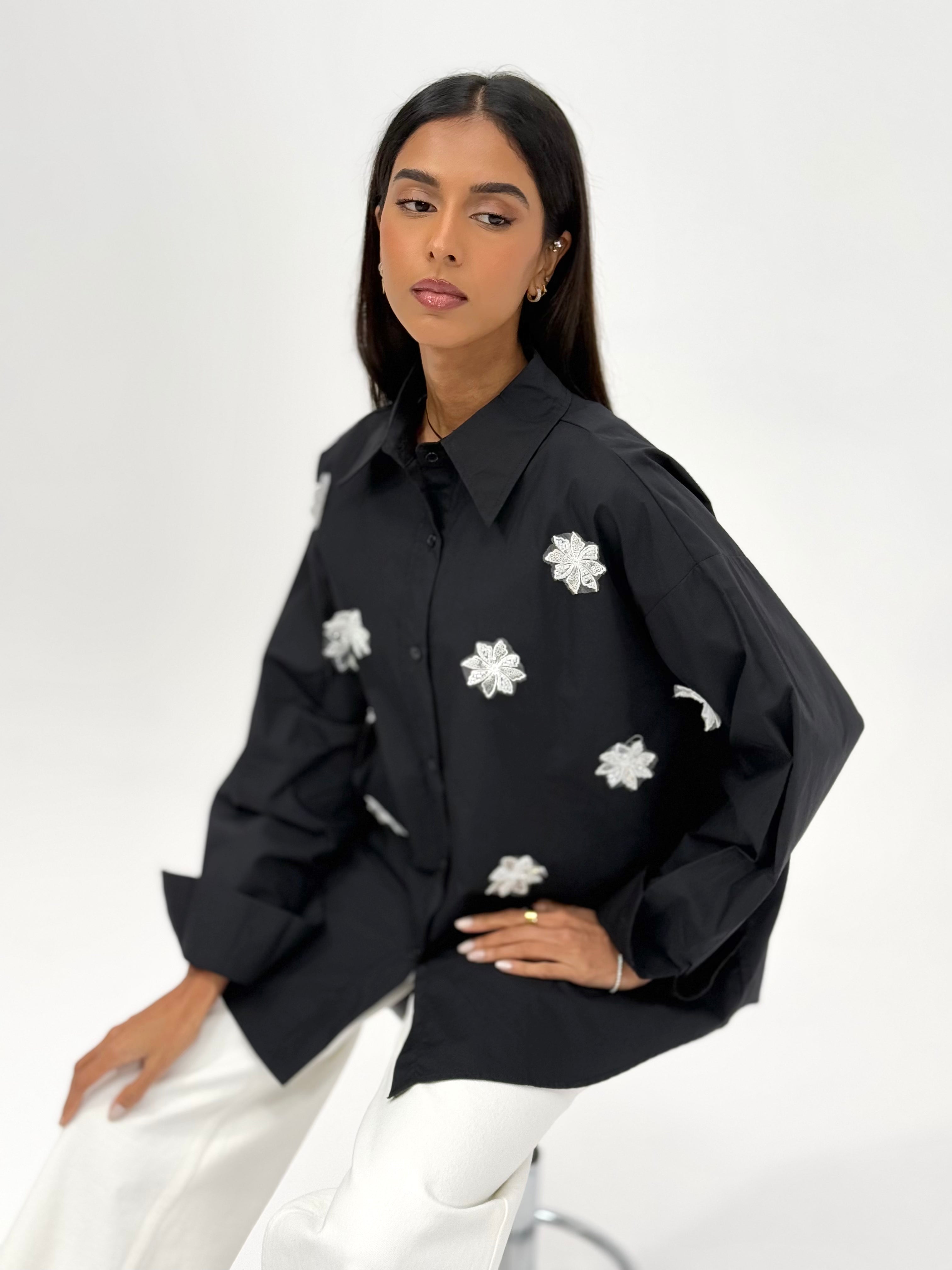 Shirt with beaded flower- Black