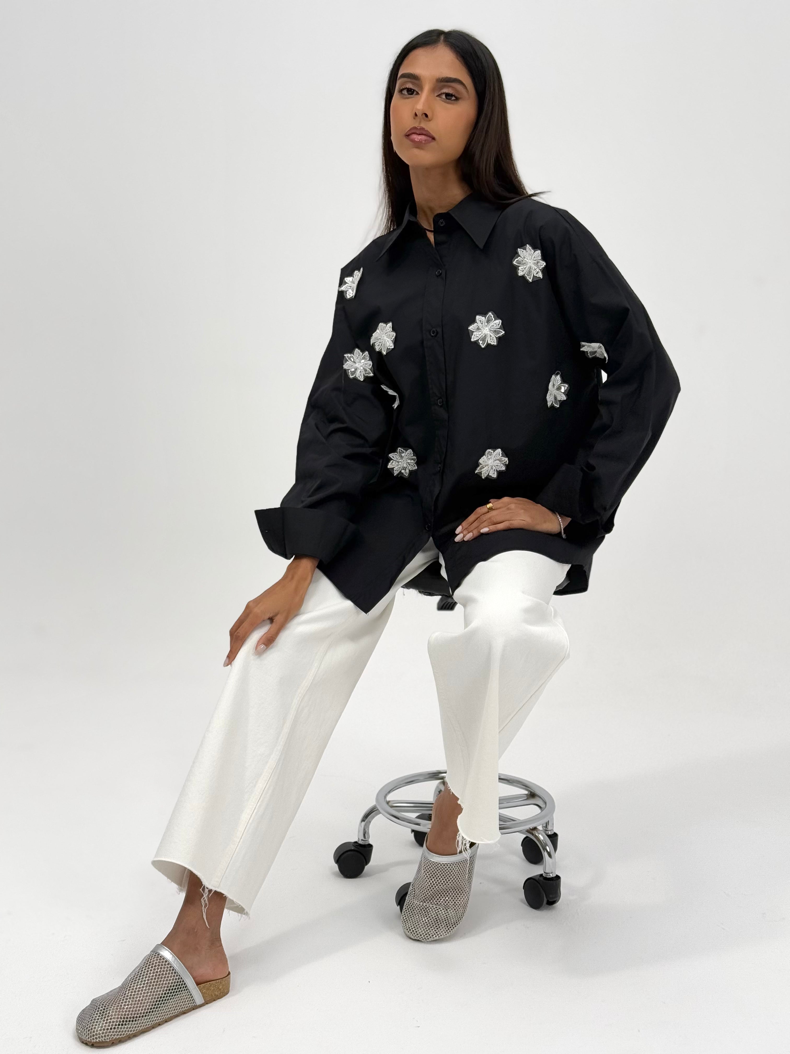Shirt with beaded flower- Black