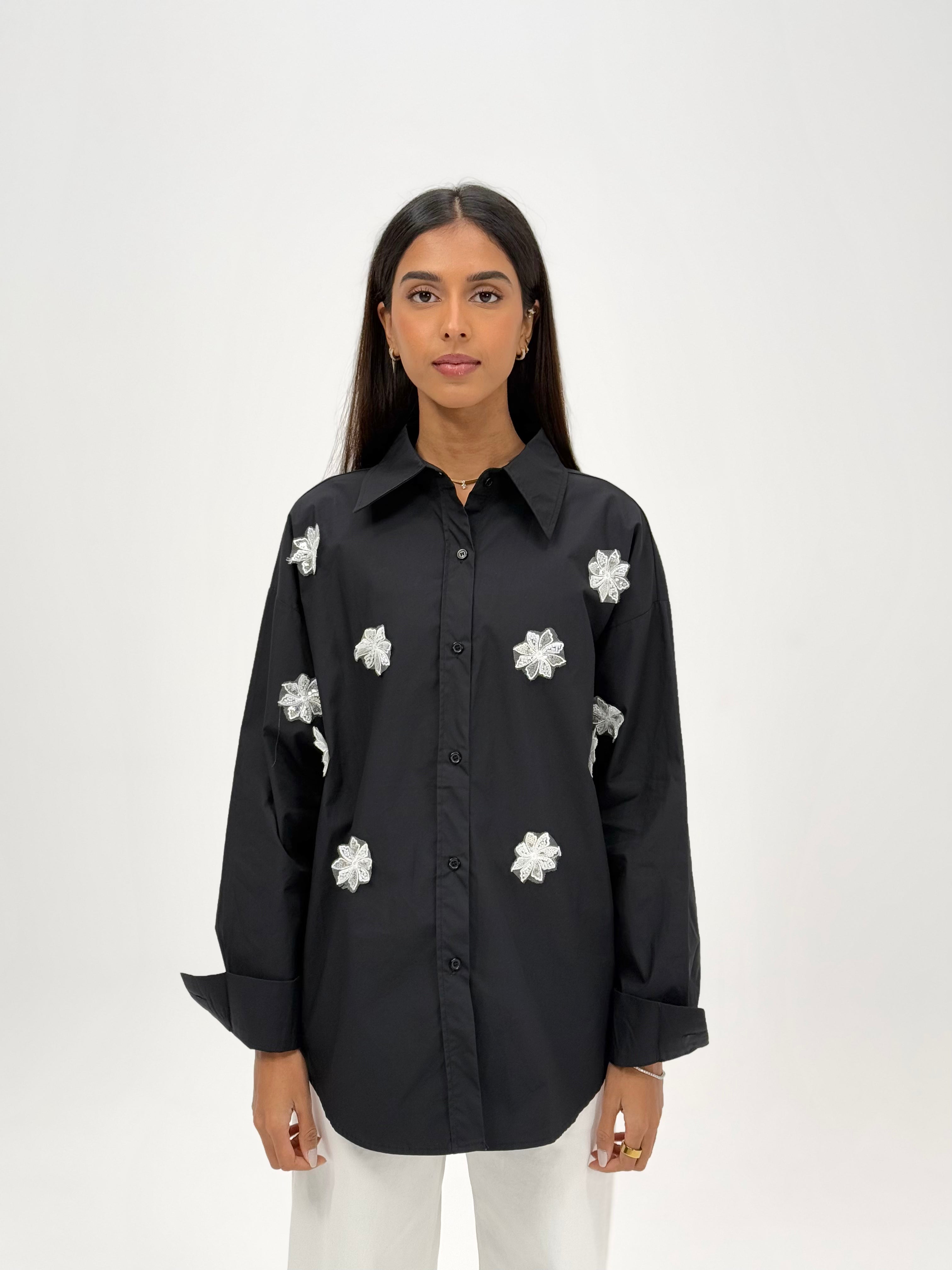 Shirt with beaded flower- Black