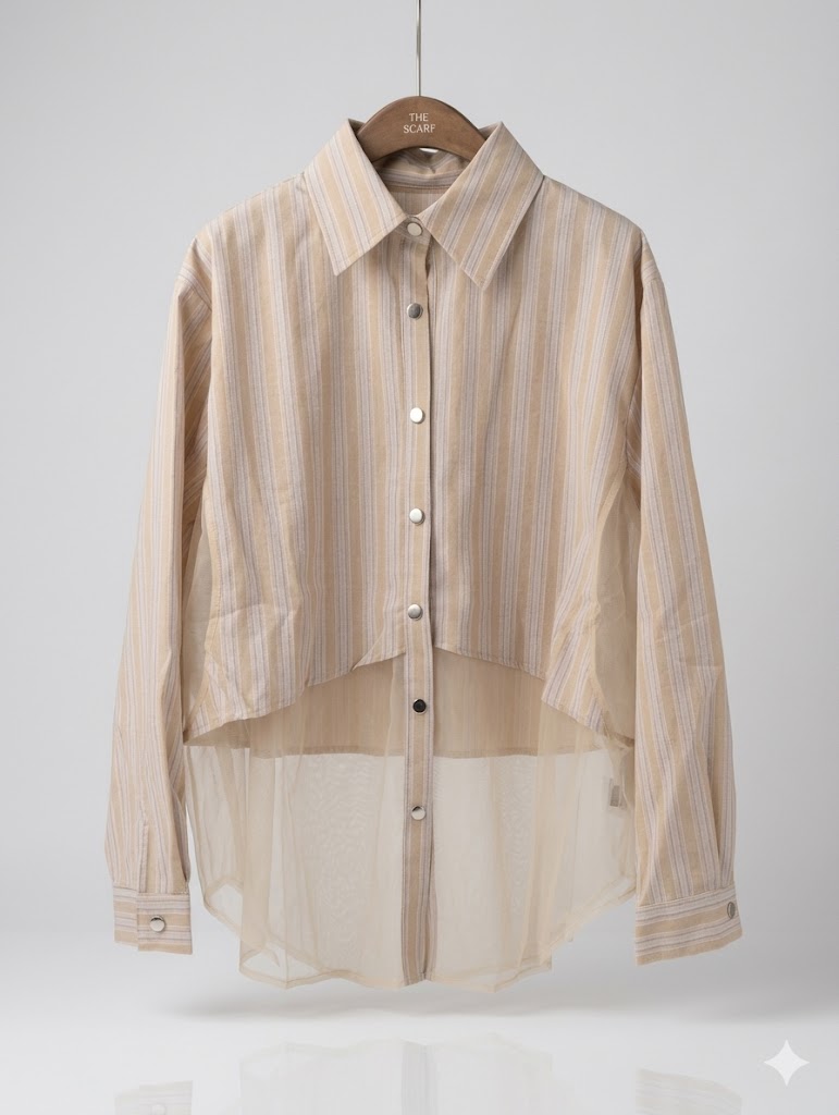 Mesh Pinstriped Shirt - BEIGE