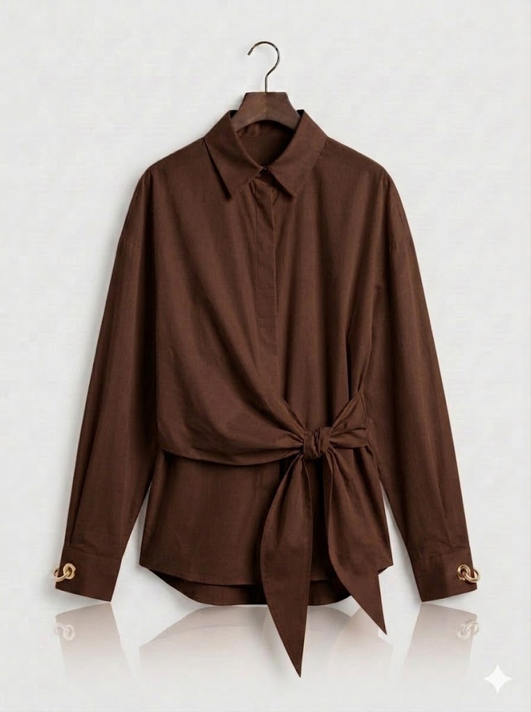 Button-up Wiast-Tie Shirt - BROWN