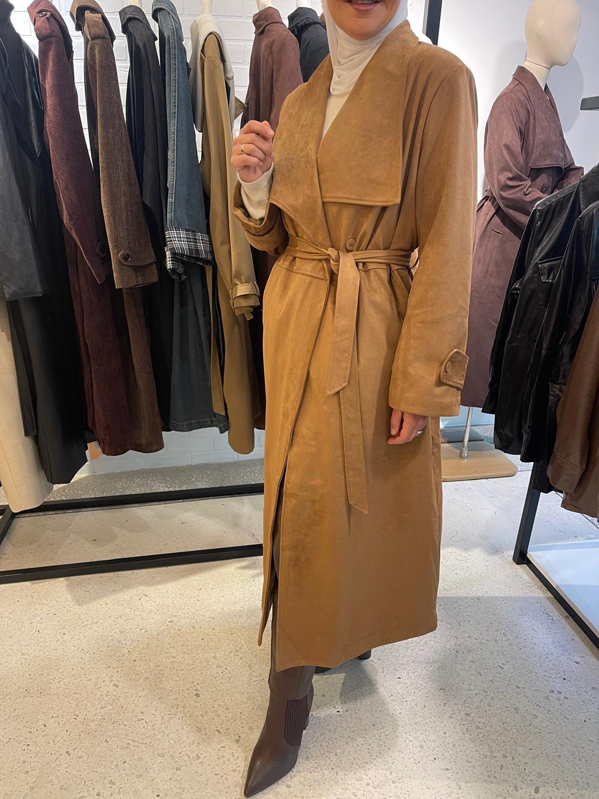 Faux Suede Wrap Trench Coat معطف شمواه بني