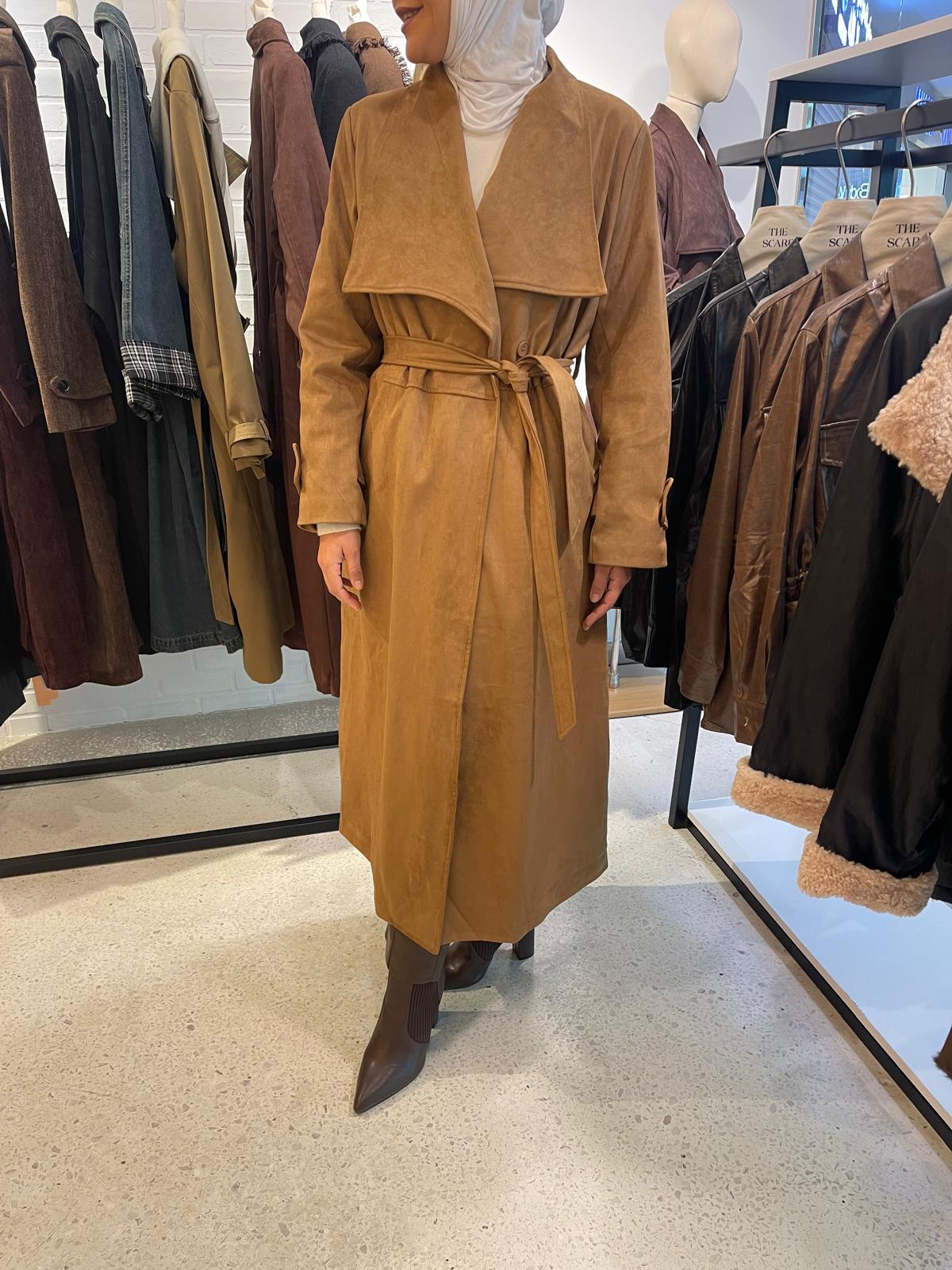Faux Suede Wrap Trench Coat معطف شمواه بني