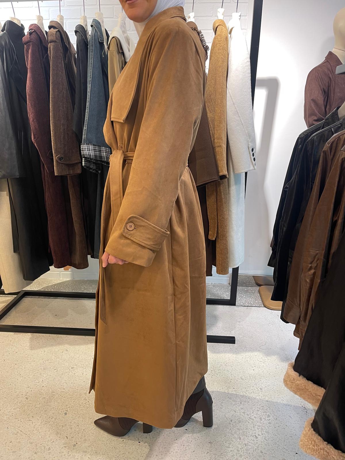 Faux Suede Wrap Trench Coat معطف شمواه بني
