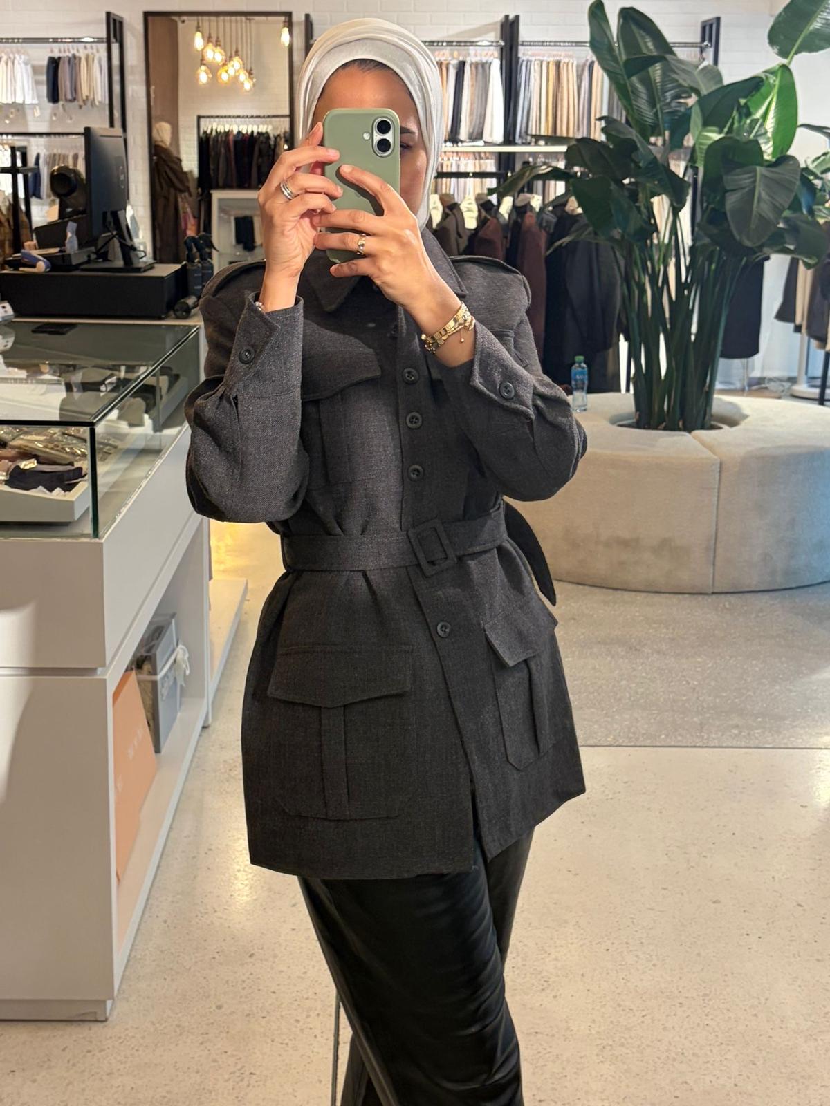 Belted Jacketجاكت رمادي صوف