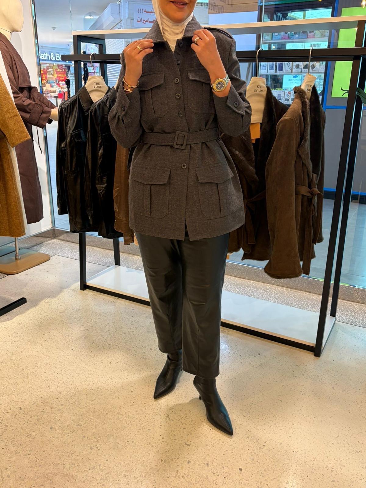 Belted Jacketجاكت رمادي صوف