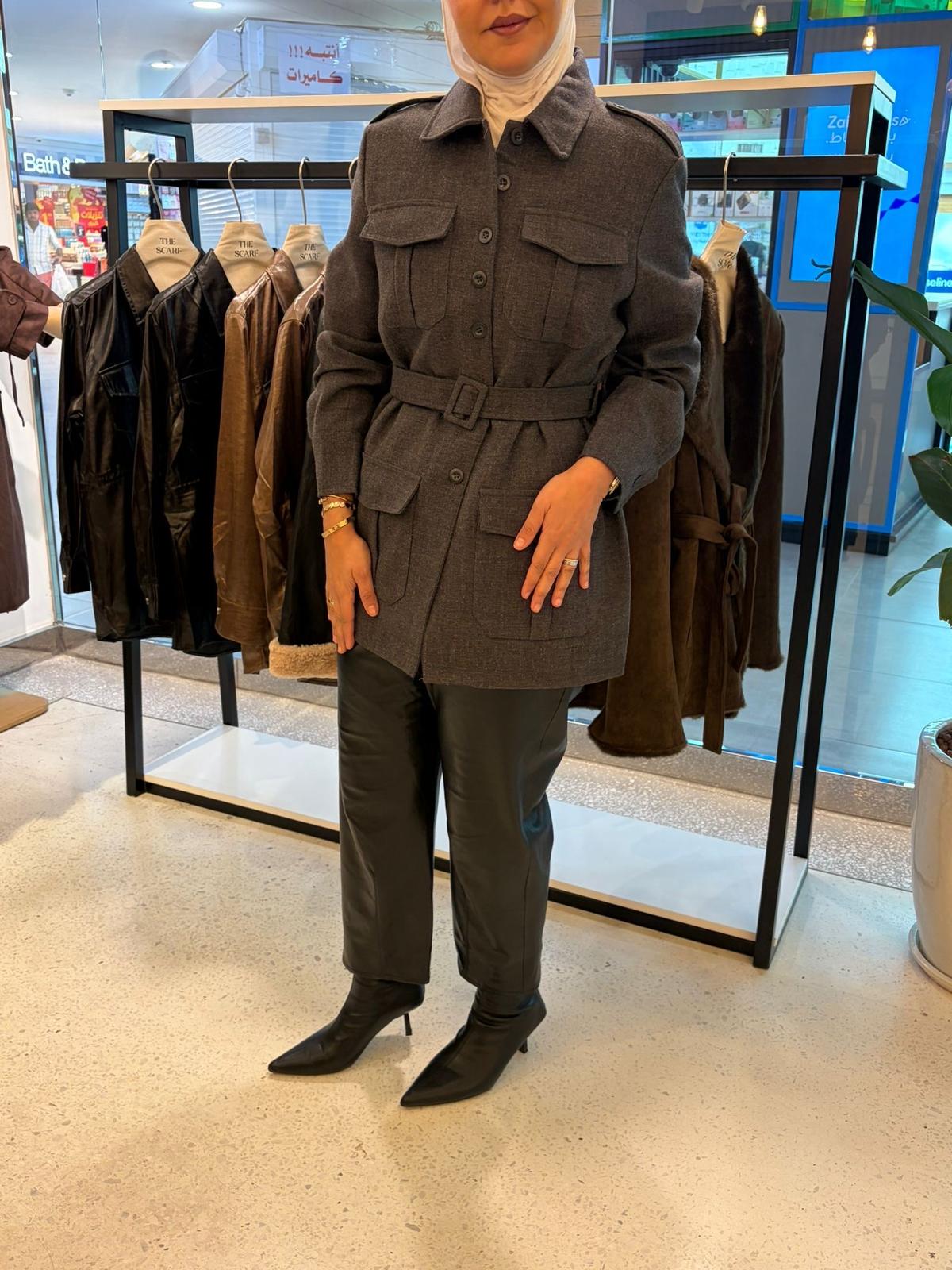 Belted Jacketجاكت رمادي صوف