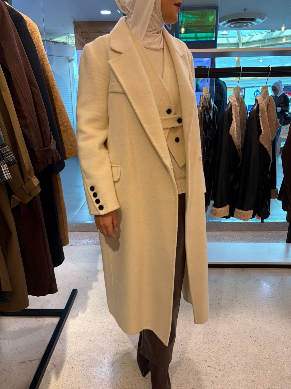 Long Double Pocket Chester Coat معطف صوف أوف وايت