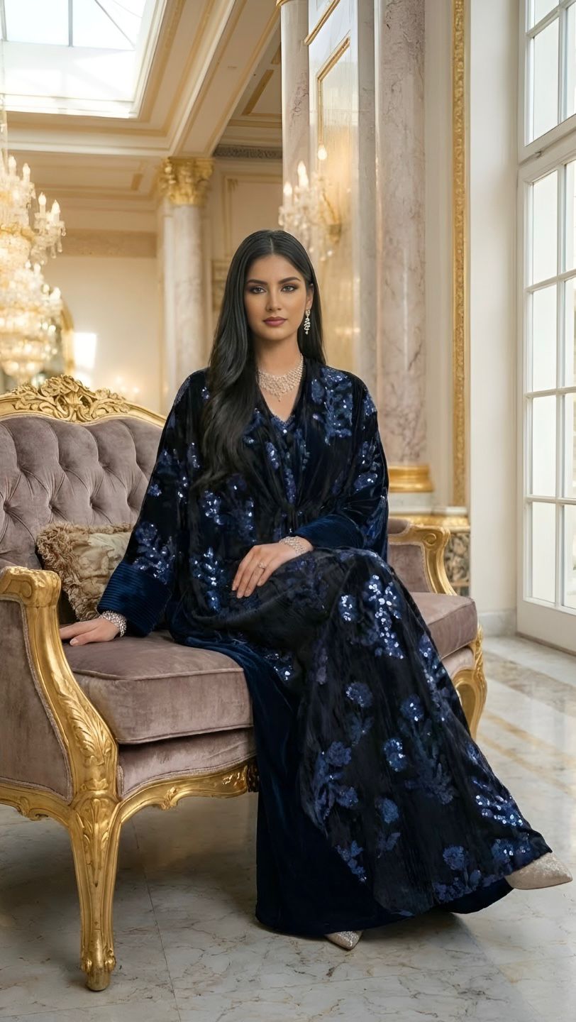 Dark blue corduroy daraa دراعة أزرق مخمل مطرزة