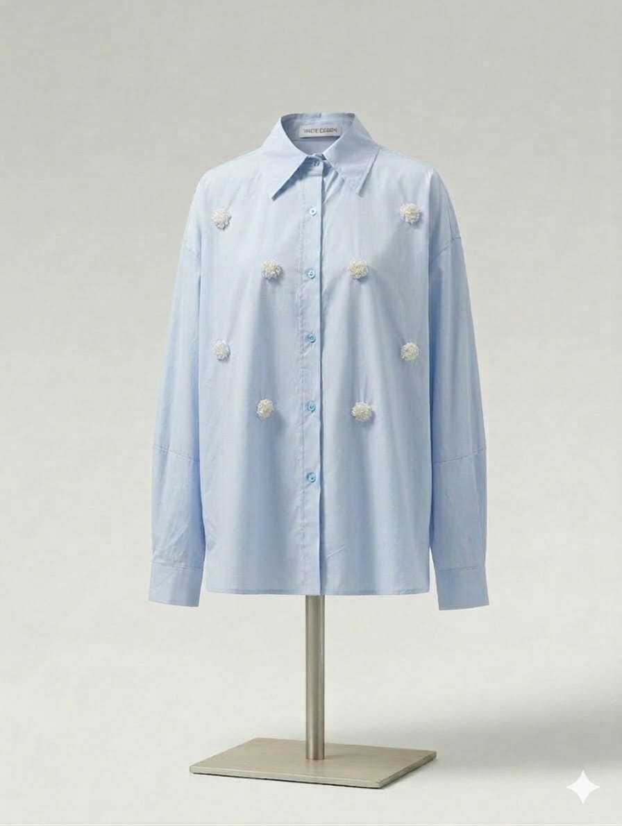 Shirt with Beaded Brooch- Blue