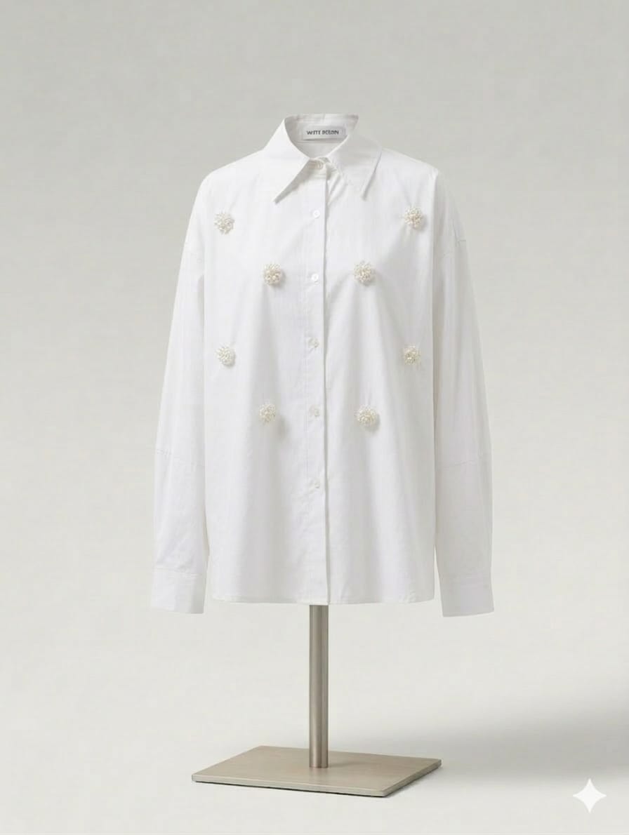 Shirt with Beaded Brooch- White