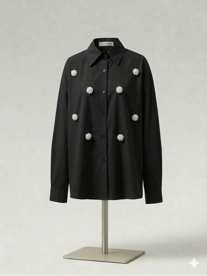 Shirt with Beaded Brooch- Black