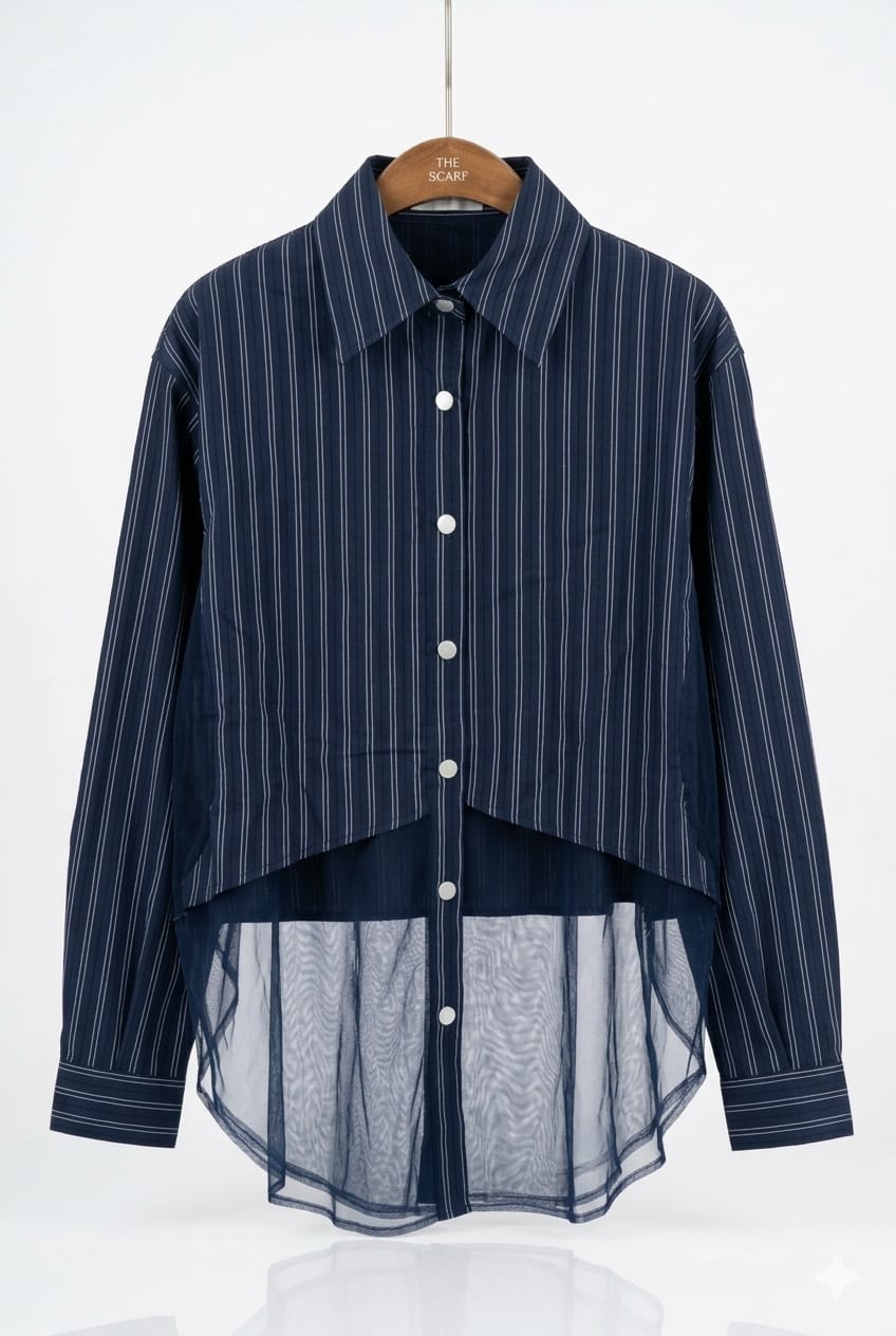 Mesh Pinstriped Shirt - NAVY BLUE