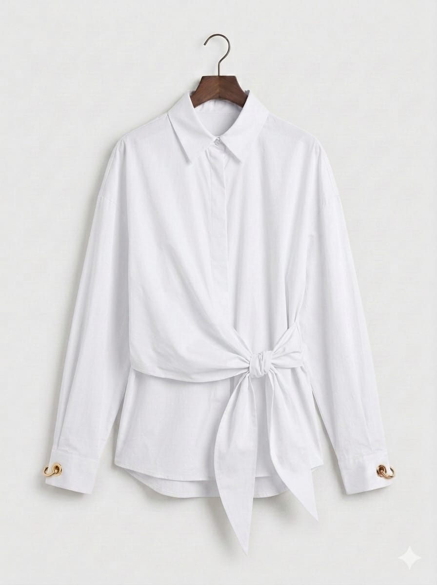 Button-up Wiast-Tie Shirt - WHITE