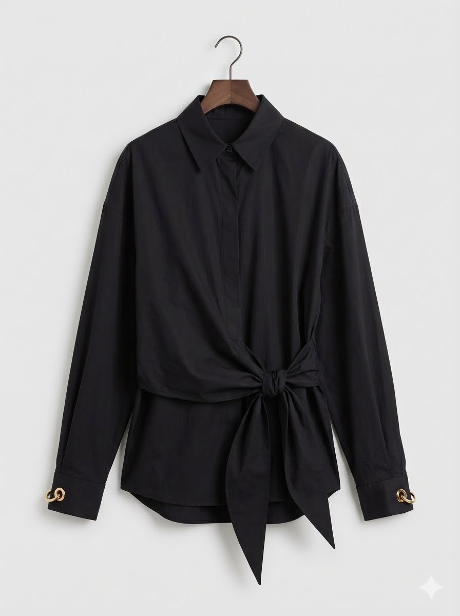 Button-up Wiast-Tie Shirt - BROWN