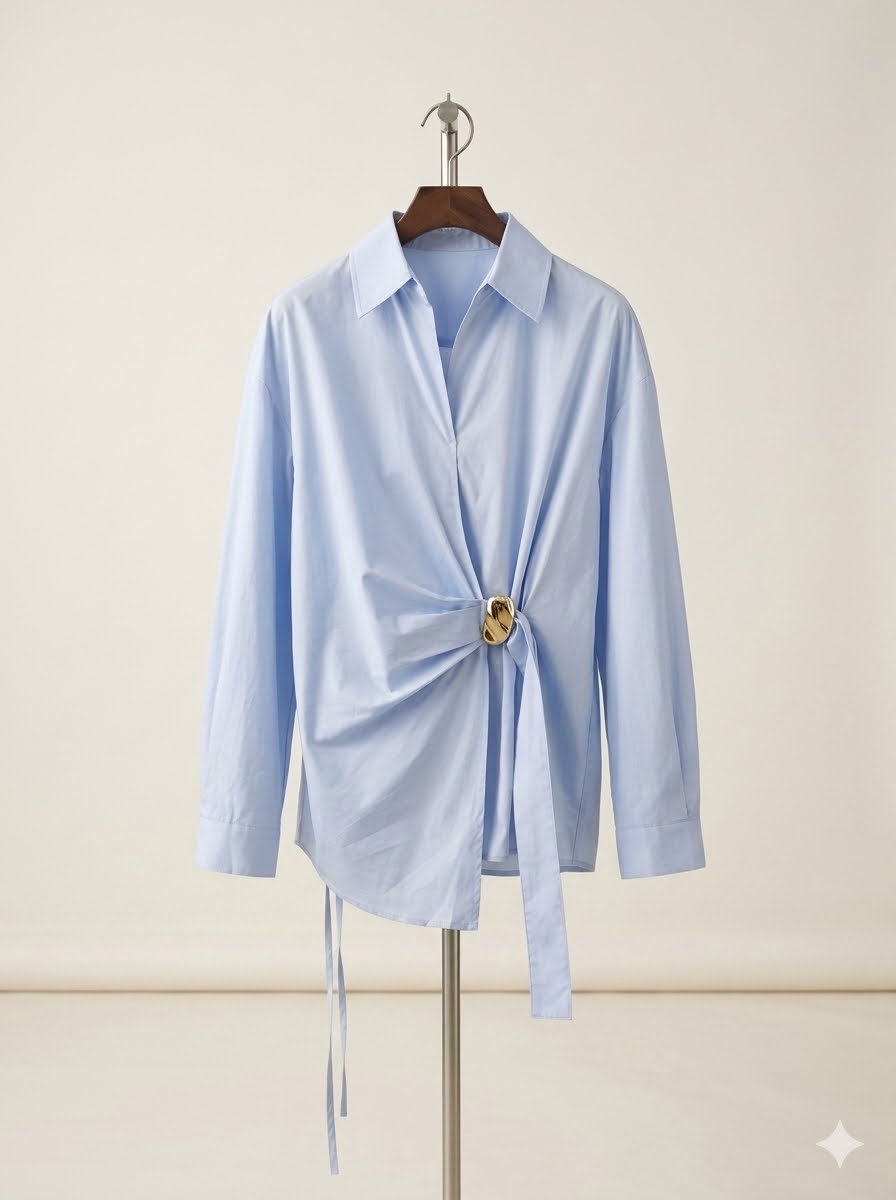 Draped Ring-Accent Shirt - LIGHT BLUE
