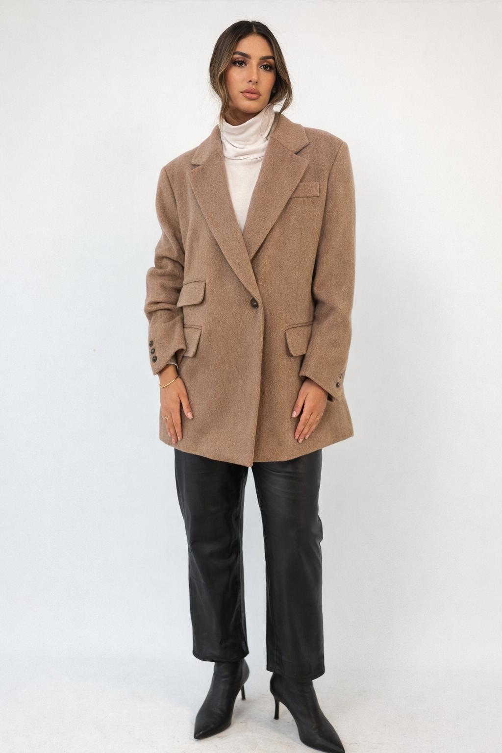 Fit single wool blend coat  بليزر صوف بيج رمادي