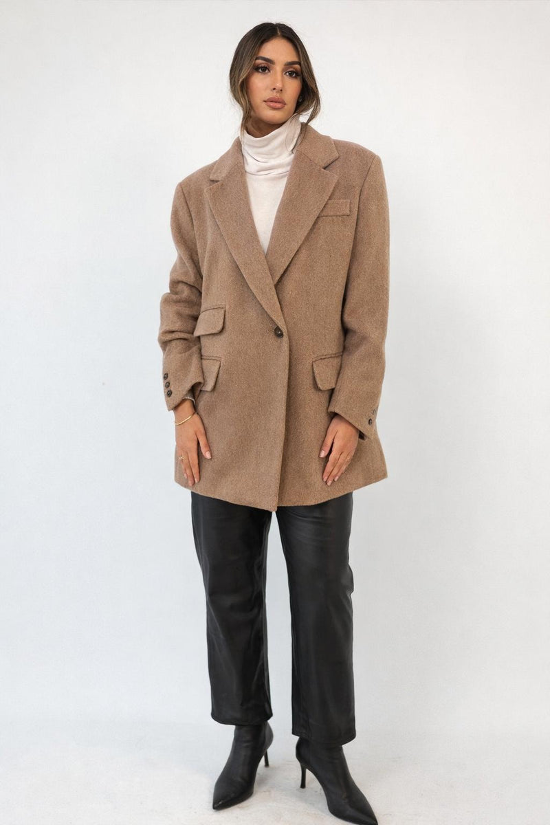 Fit single wool blend coat  1005996 بليزر صوف بيج رمادي
