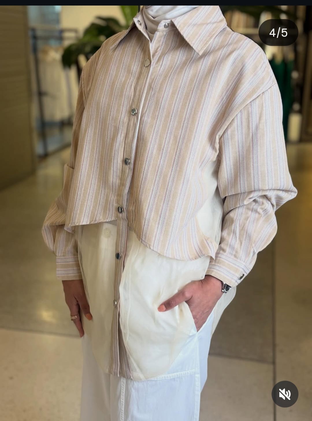 Mesh Pinstriped Shirt - BEIGE