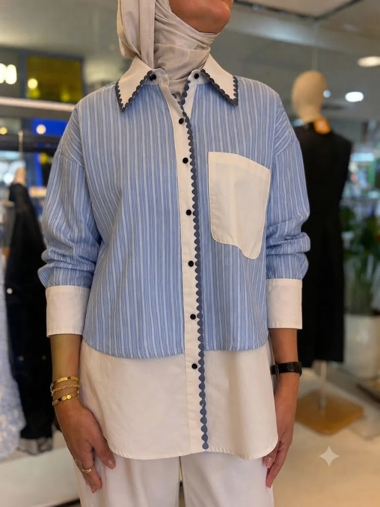 Striped Contrast Shirt - LIGHT BLUE