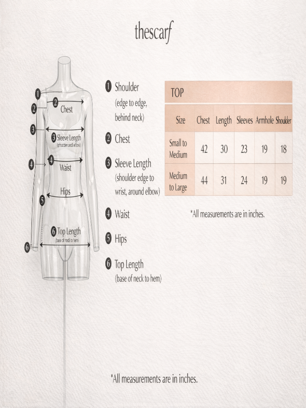 Size chart for Athar Ivory