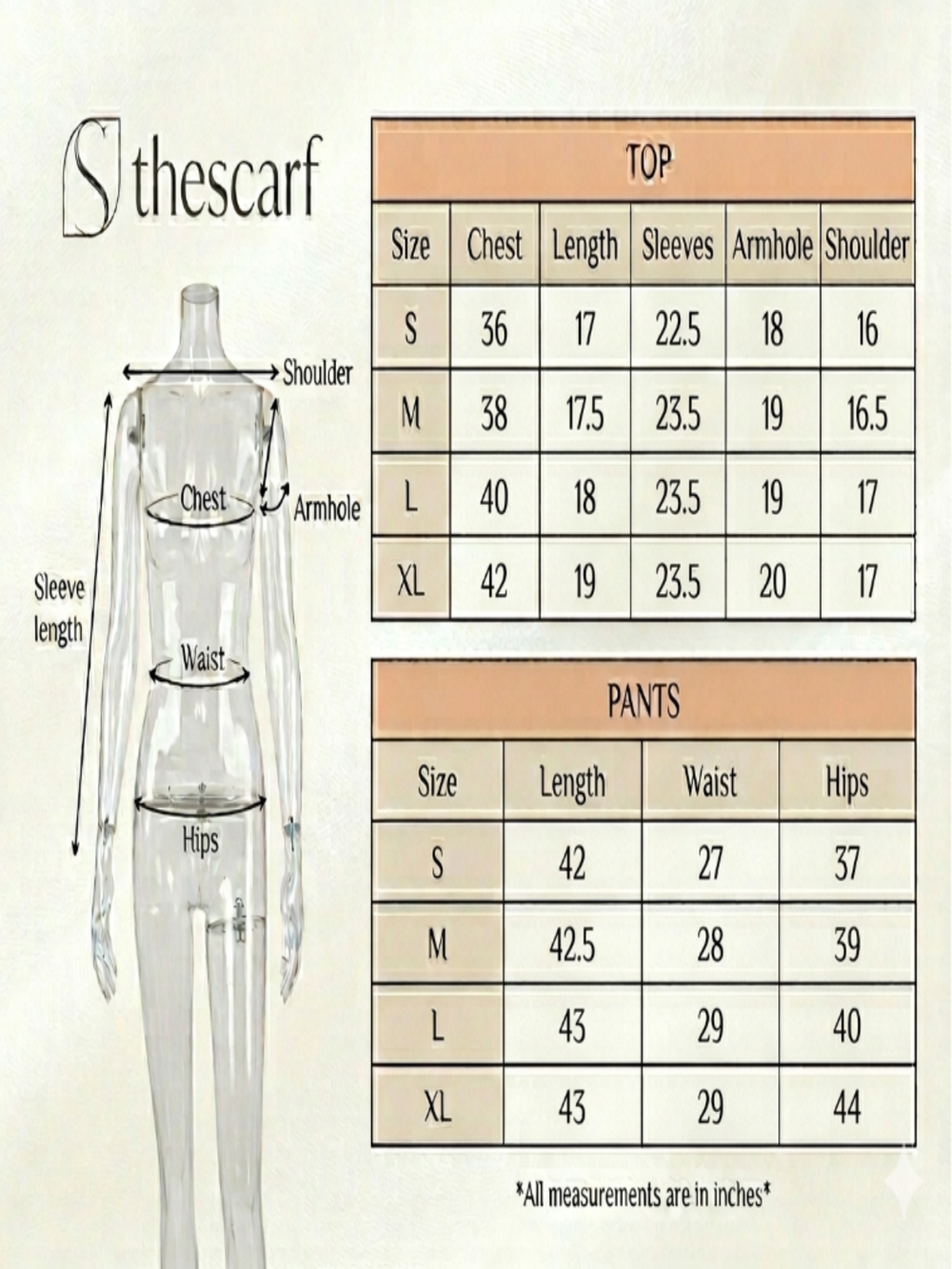 Size chart for Athar Silky