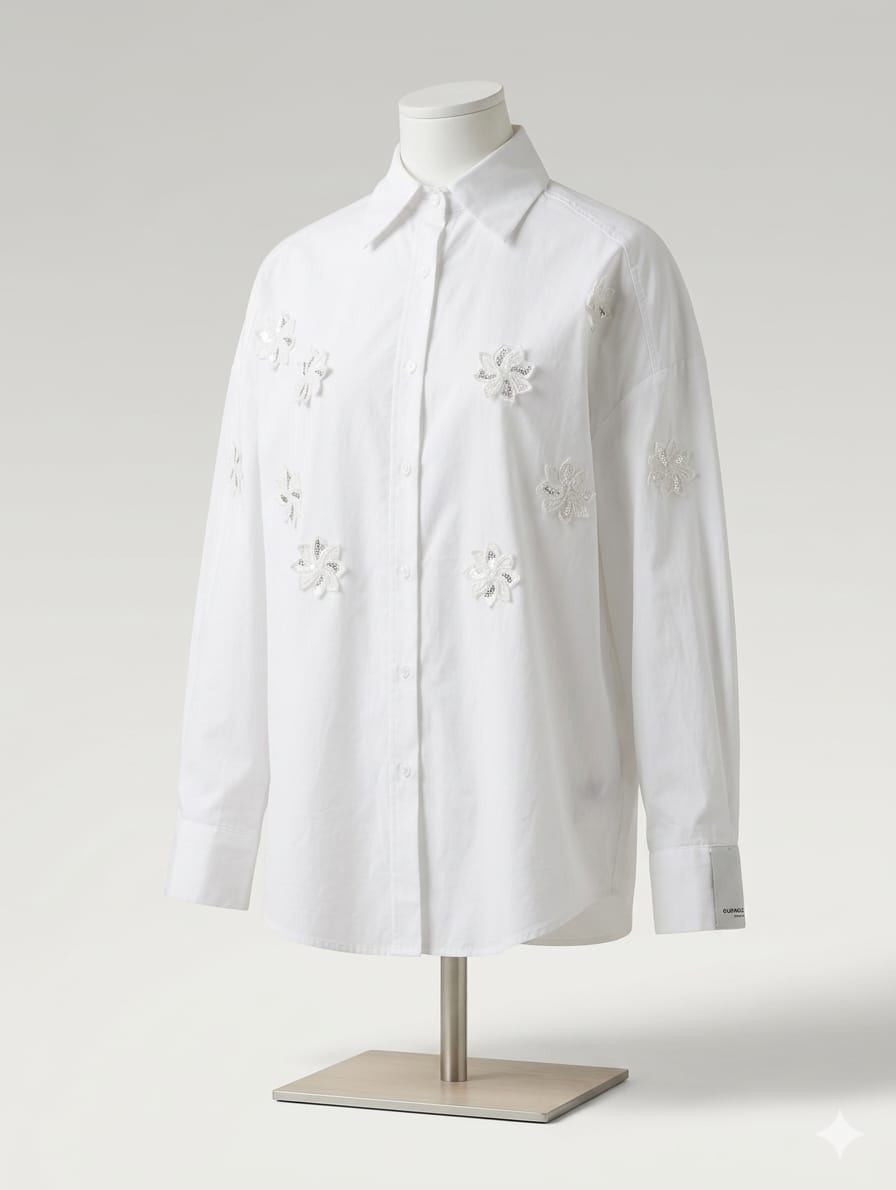 Shirt with beaded flower- White