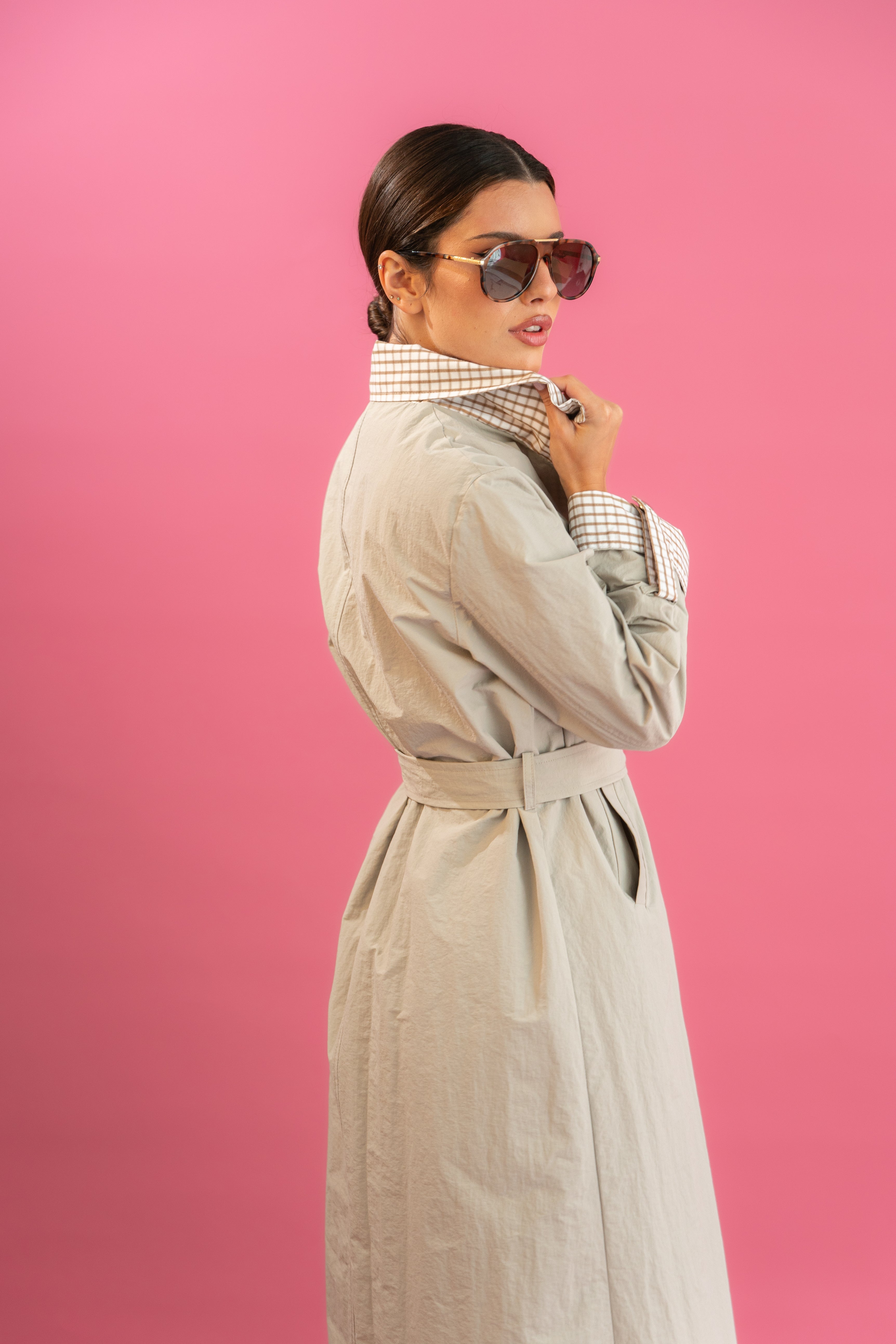 Beige Plaid-Lined Trench Coat.
