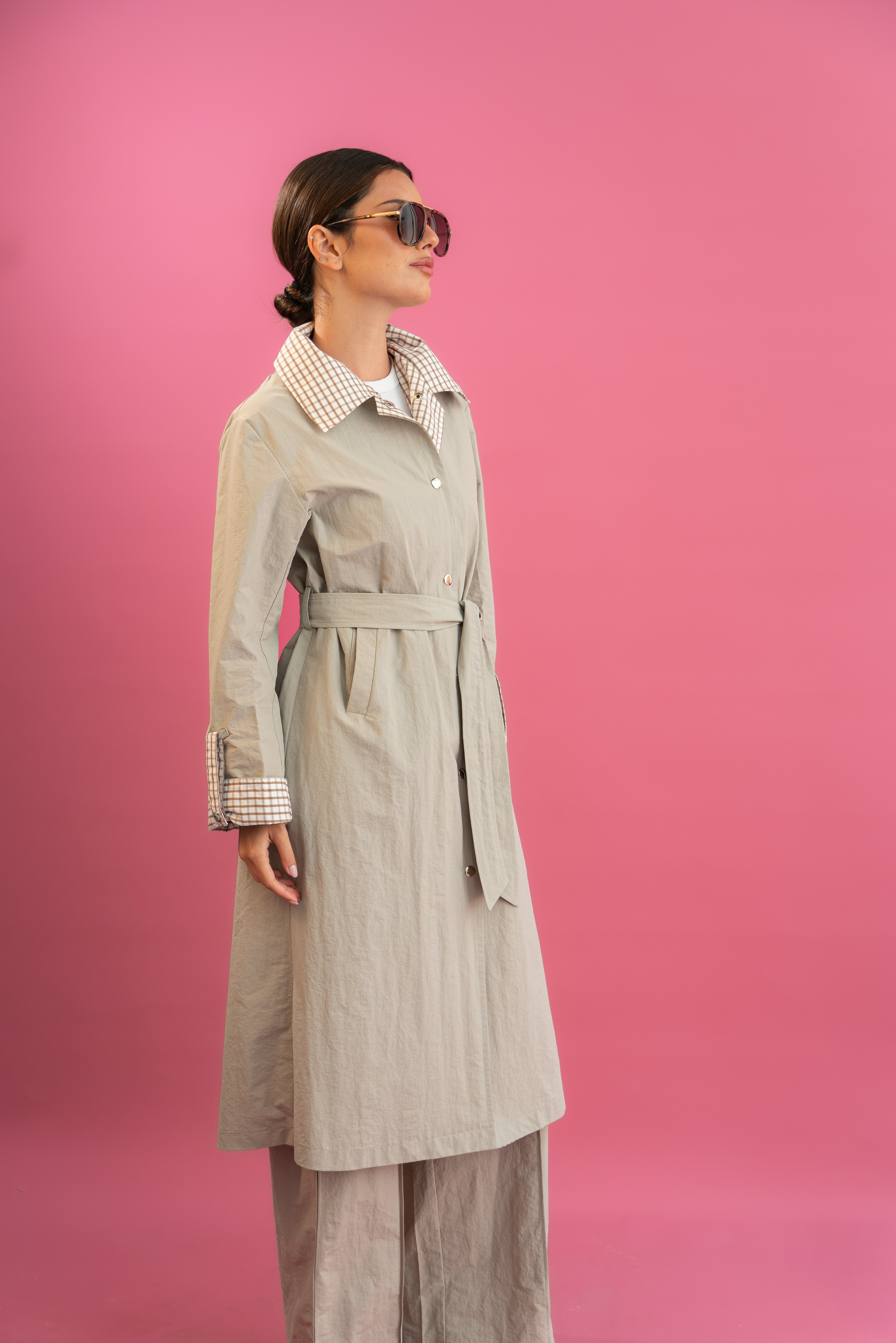 Beige Plaid-Lined Trench Coat.