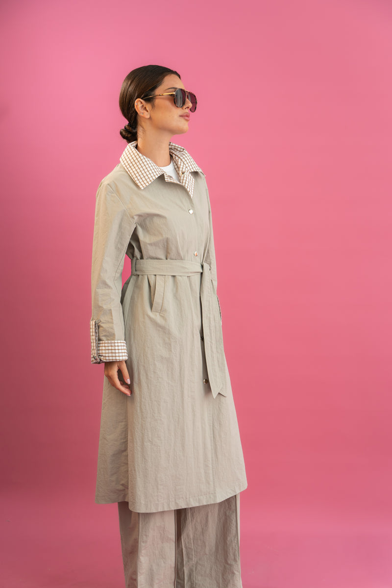 Beige Plaid-Lined Trench Coat.