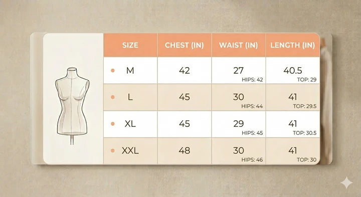 Size chart for Linen Set Offwhite- Embellished Lace